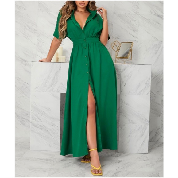 Boho Emerald Green Button up Maxi Dress Casual - Picture 1 of 4